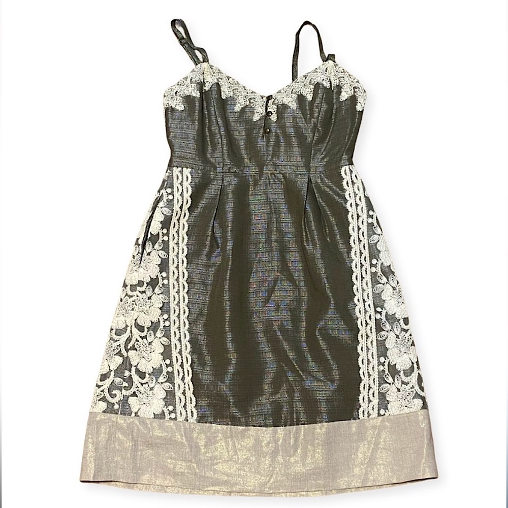 Anthropologie Moulinette Soeurs Grey/Green/Bronze Crochet Rainwashed Dress - 10